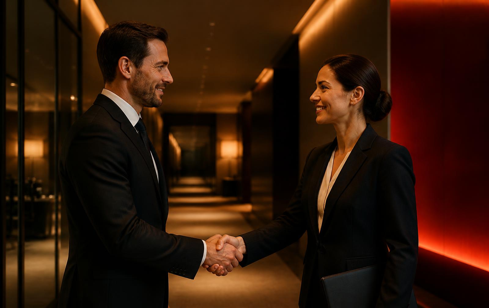 Two professionals in suits shaking hands after a consulting agreement