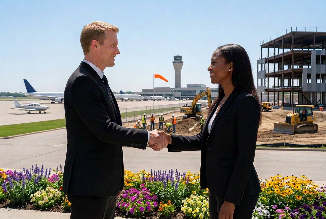 Two professionals in suits shaking hands after a consulting agreement